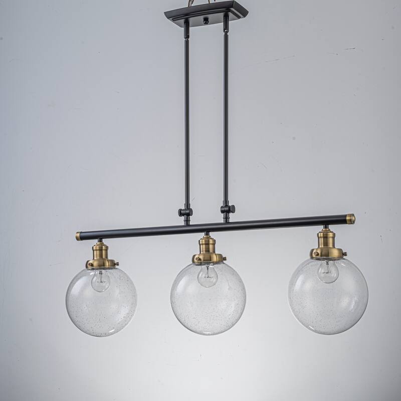 34.5" W 3-Light Industrial Black and Gold Linear Adjustable Island Pendan Light with Clear Seeded Glass Globe for Dining Room