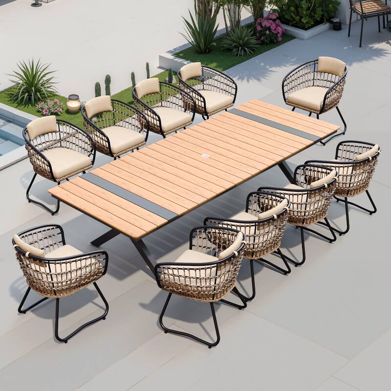 9/11PC Outdoor Patio Dining Set With Aluminum X-Frame Table Umbrella Hole Table Rattan Chairs - 11PC-Brown-Table&Beige-Chairs