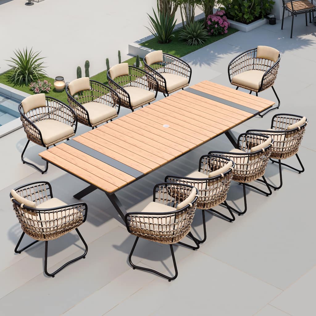9/11PC Outdoor Patio Dining Set With Aluminum X-Frame Table Umbrella Hole Table Rattan Chairs