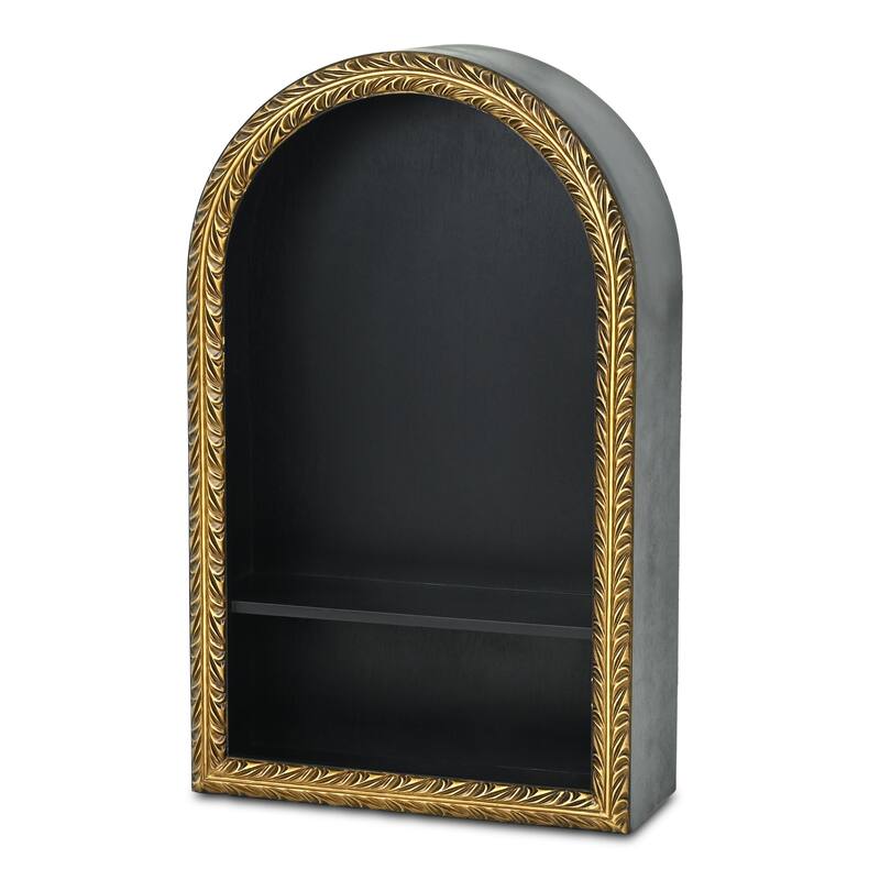 Mireza Ornate Framed Black & Gold 2 Tier Wooden Wall Shelf - N/A