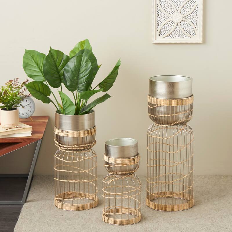 Silver or Gold Metal Caged Wire Planter with Woven Seagrass Accents (Set of 3)