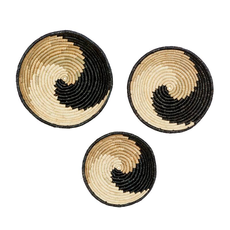 Black Seagrass Handmade Spiral Basket Plate Home Wall Decor (Set of 3)