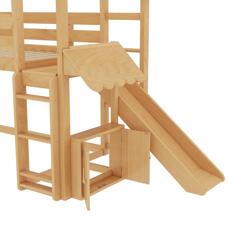 Twin Loft Bed with Slide and Bookshelf, Kids House Bed with Stairs, Safety Rails, Playful Design