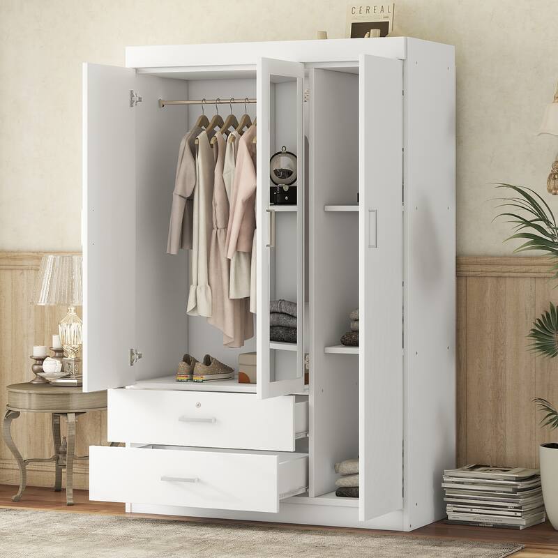 3-Door Mirror Wardrobe with shelves, Storage Cabinet - White
