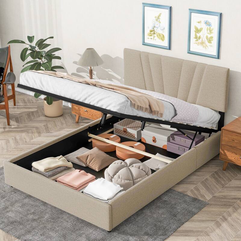 Beige Full Upholstered Platform Bed with Hydraulic Lift Storage and Tufted Headboard - Ideal for All Ages