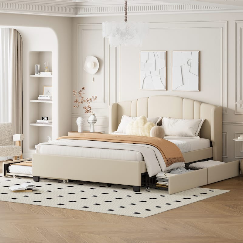 Upholstered Platform Bed w/ Wingback Headboard, 1 Twin Trundle & 2 Drawers, Linen Fabric, Queen Size, Beige - Beige