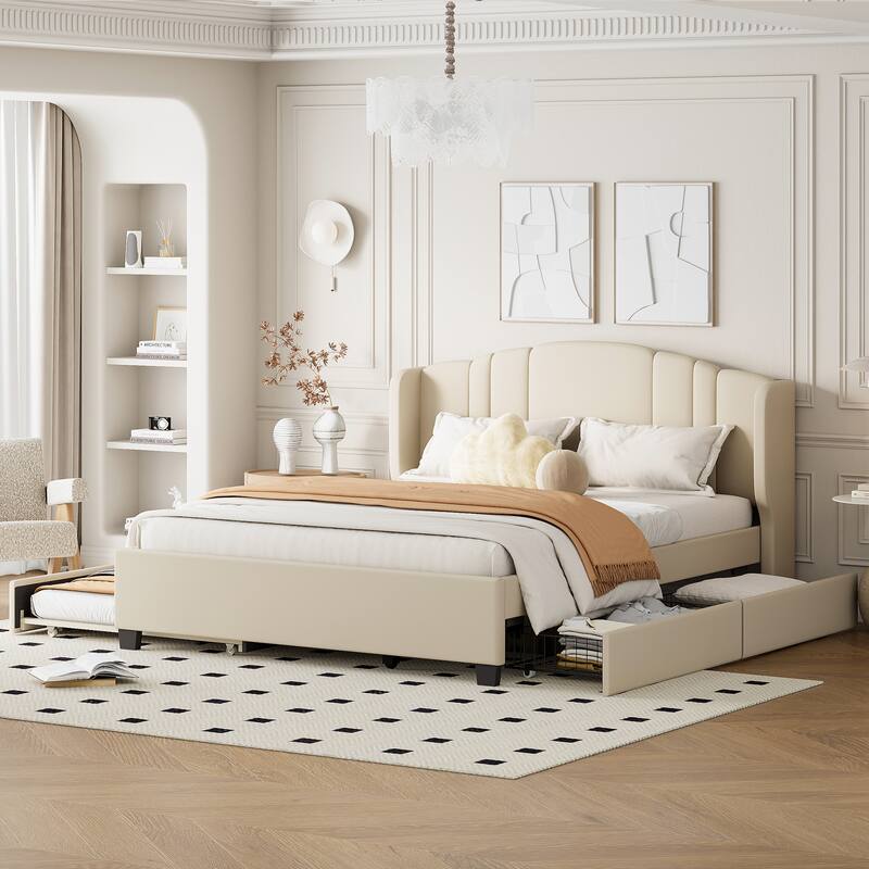Upholstered Platform Bed with Wingback Headboard, One Twin Trundle and 2 Drawers, No Box Spring Needed, Linen Fabric, Queen Size - Beige