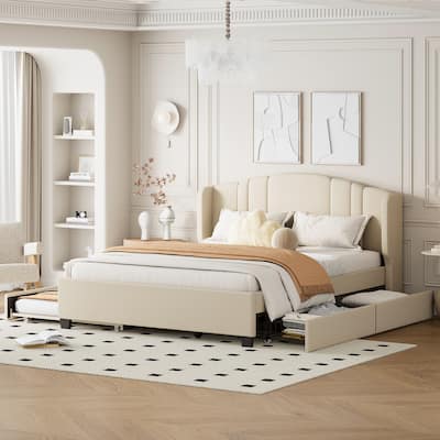 Upholstered Platform Bed with Wingback Headboard, Queen Size Linen Fabric Bed Frame with Twin Trundle Bed and 2 Drawers