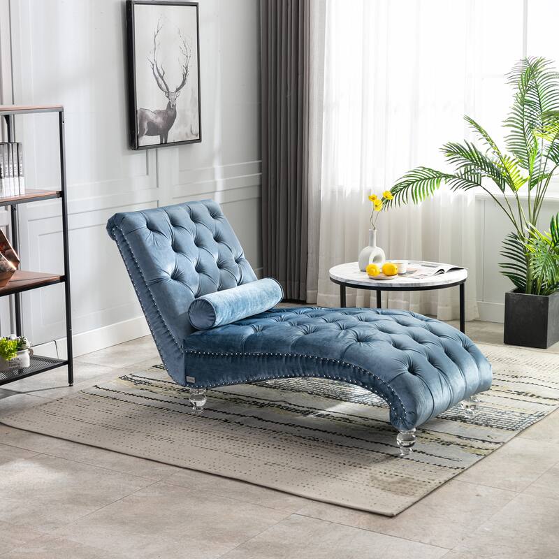 Light Blue 63.98" Buttons Tufted Chaise Lounge Chair with Pillow