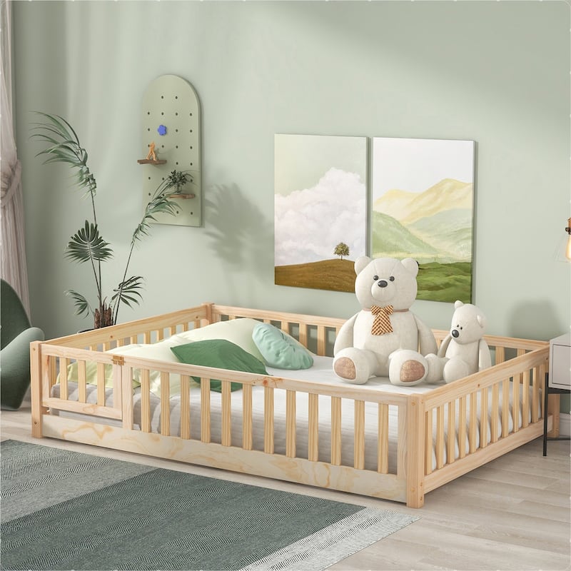 Full size Floor Platform Bed with Fence and Door for kids, toddlers - Natural