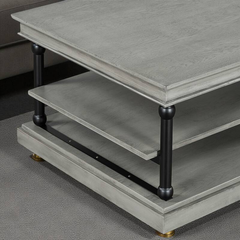 55.1" Modern Wood Coffee Table with Black Legs and 2 Open Shelves, Large Living Room Center Table