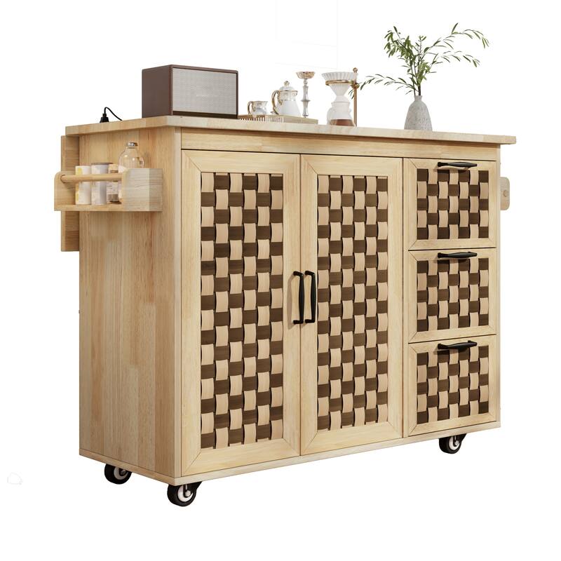 Woven Checkerboard Pattern Kitchen Island with Drop Leaf, Internal Storage Rack, 2 Cabinets & Power Outlet, Movable Kitchen Cart