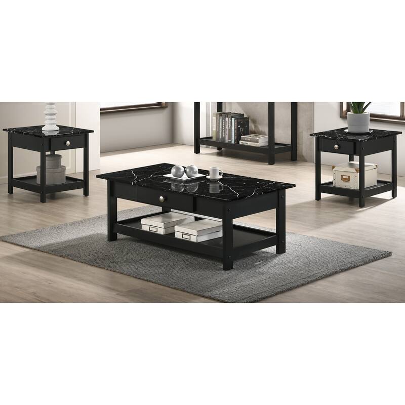 DH BASIC Transitional Rubberwood 3-Piece Open-Shelf Coffee Table and End Table Set with Drawer by Denhour - Black