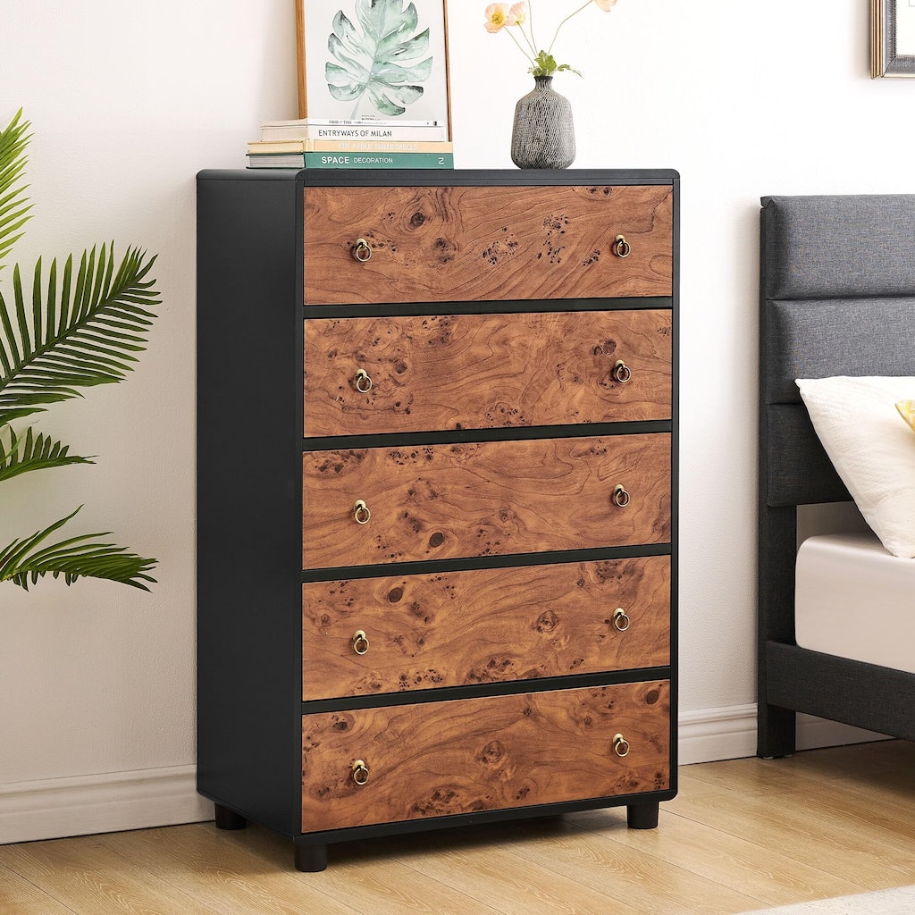 Wood Dresser with 5 Drawer, 46" Tall Dressers & Chests of Drawers w/Curved Profile Design