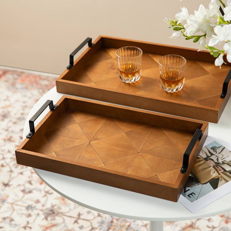 Glitzhome 2-Piece 18"/21"L Rectangle Wooden Geometric Carved Trays with Metal Handles