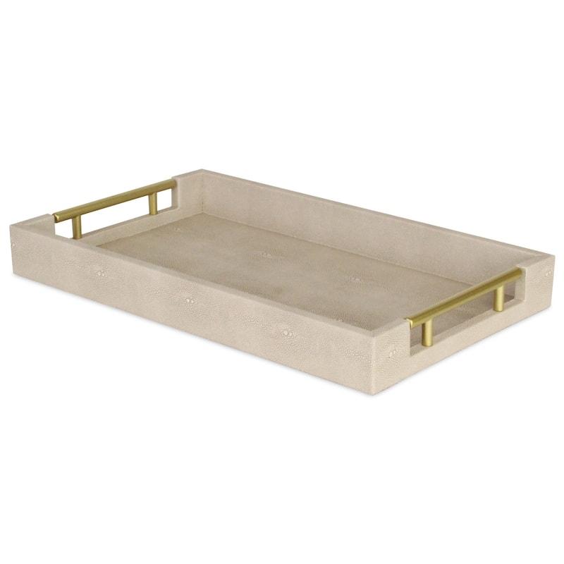 HomeRoots 16" Cream Wood and Vinyl Faux Shagreen Serving Tray With Gold Handles