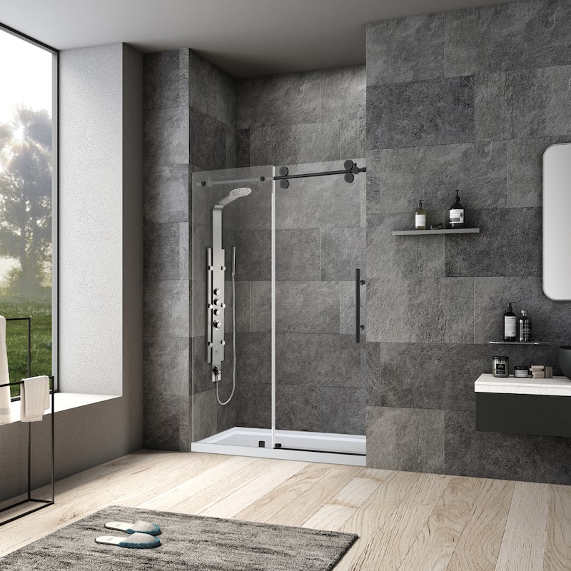Villena 52" W x 78" H Single Sliding Shower Door,Matt Black - 52 inches