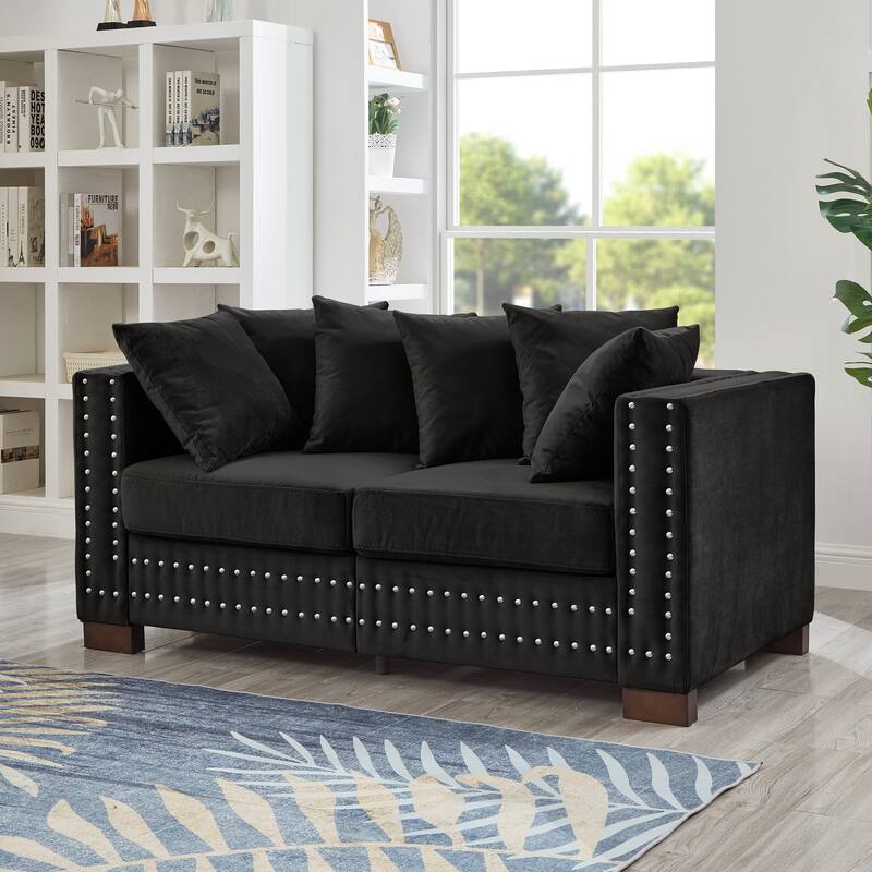 Velvet Loveseat Sofa with Storage, Comfy Upholstered Deep Seat Sofa, 2-Seater Sofa with Nailhead Trim & 6 Throw Pillows - Black