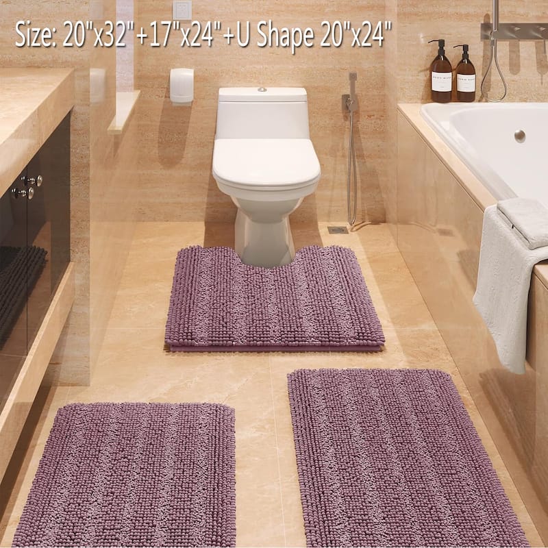 Ultra Soft Striped Non Slip Chenille Bathroom Rug Set 3 Pieces - Mauve