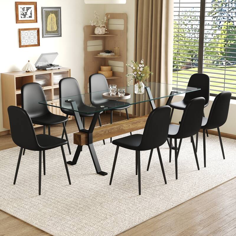 Roomfitters 9pcs Large Dining Table Set with X-Shape Metal Legs and PU Side Chairs, MDF Crossbeam Design, Black - Black