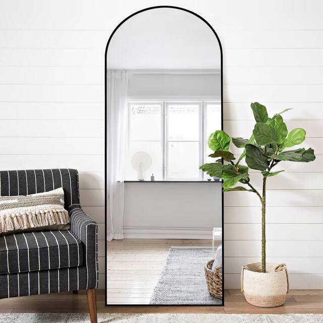 Arched Metal Mirror Full-length Floor Mirror with Bracket - Black - 59x20