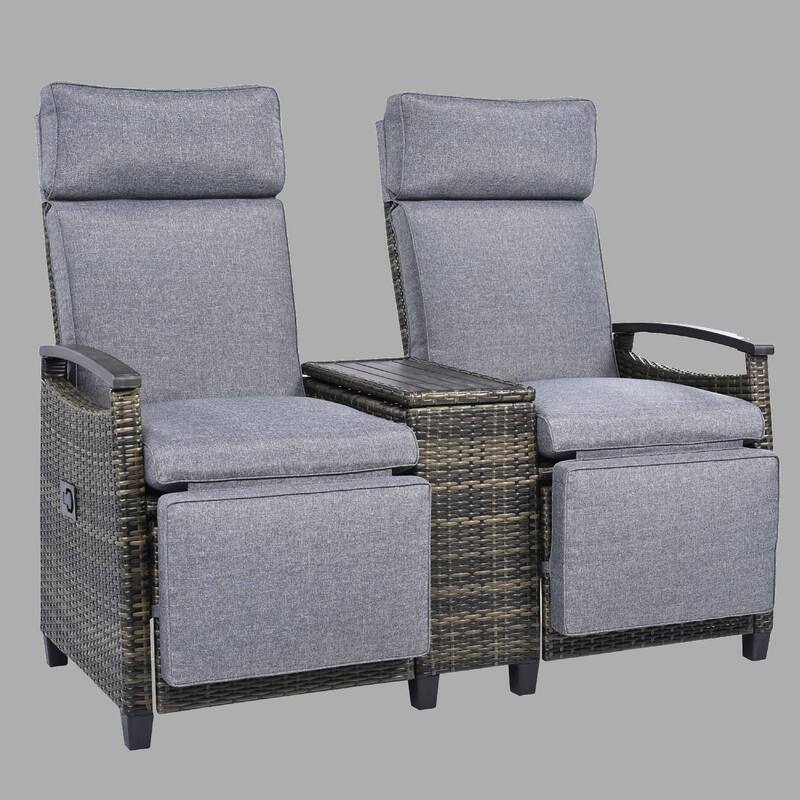 Outdoor Adjustable Recliner Loveseat with Acacia Wood Armrests, Built-In Storage Table, and Comfortable Cushions for Patio - Grey