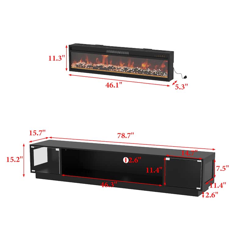Modern Black Fireplace TV Stand Combo,Remote Fireplace Heater,2 Drawers,Light Strip & USB