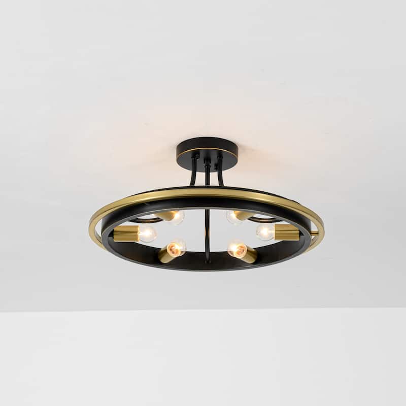 6-Light 21.7" W Industrial Mette Black & Gold Wagon-wheel Circle Ring Semi-Flush Mount Ceiling Light for Living Room, Kitchen - Black/Gold - 21.7 in. W x 9.3 in. H x 21.7 in. D