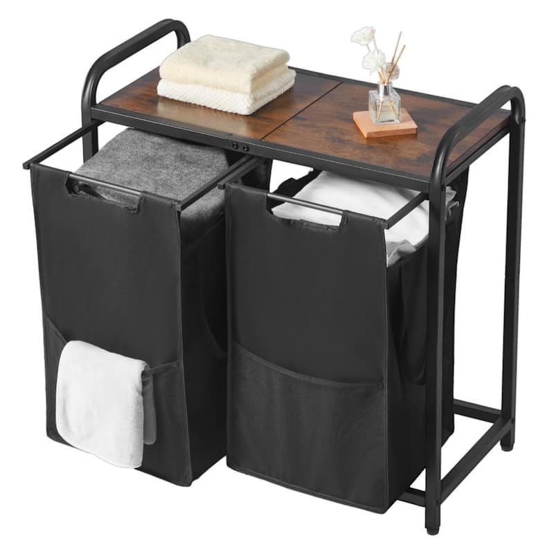 Black 24-Gallon Laundry Sorter with 2 Compartments and Metal Frame Removable Bags - 26.30 x 12.99 x 27.95 in