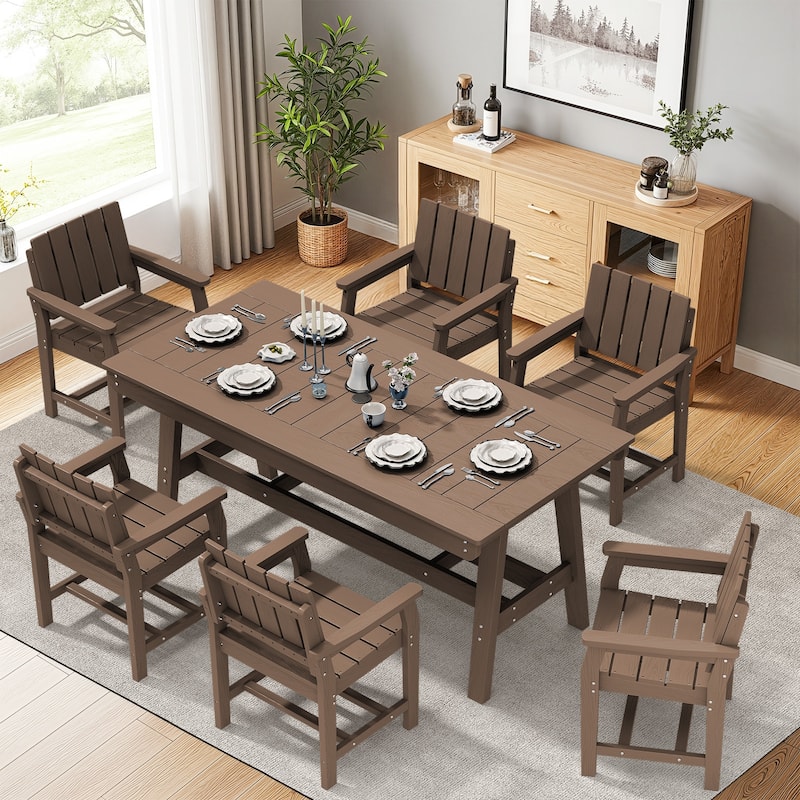 7-Piece HDPE Outdoor & Indoor Dining Set, Rectangular 67.91in L Table with Umbrella Hole and 6 Chairs Set of 7, Wood-Look Finish