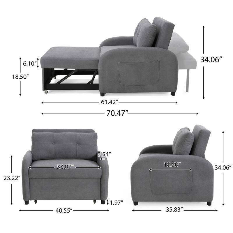 Cotton Linen 3-in-1 Sleeper Sofa Chair with Storage Pocket and Pillow