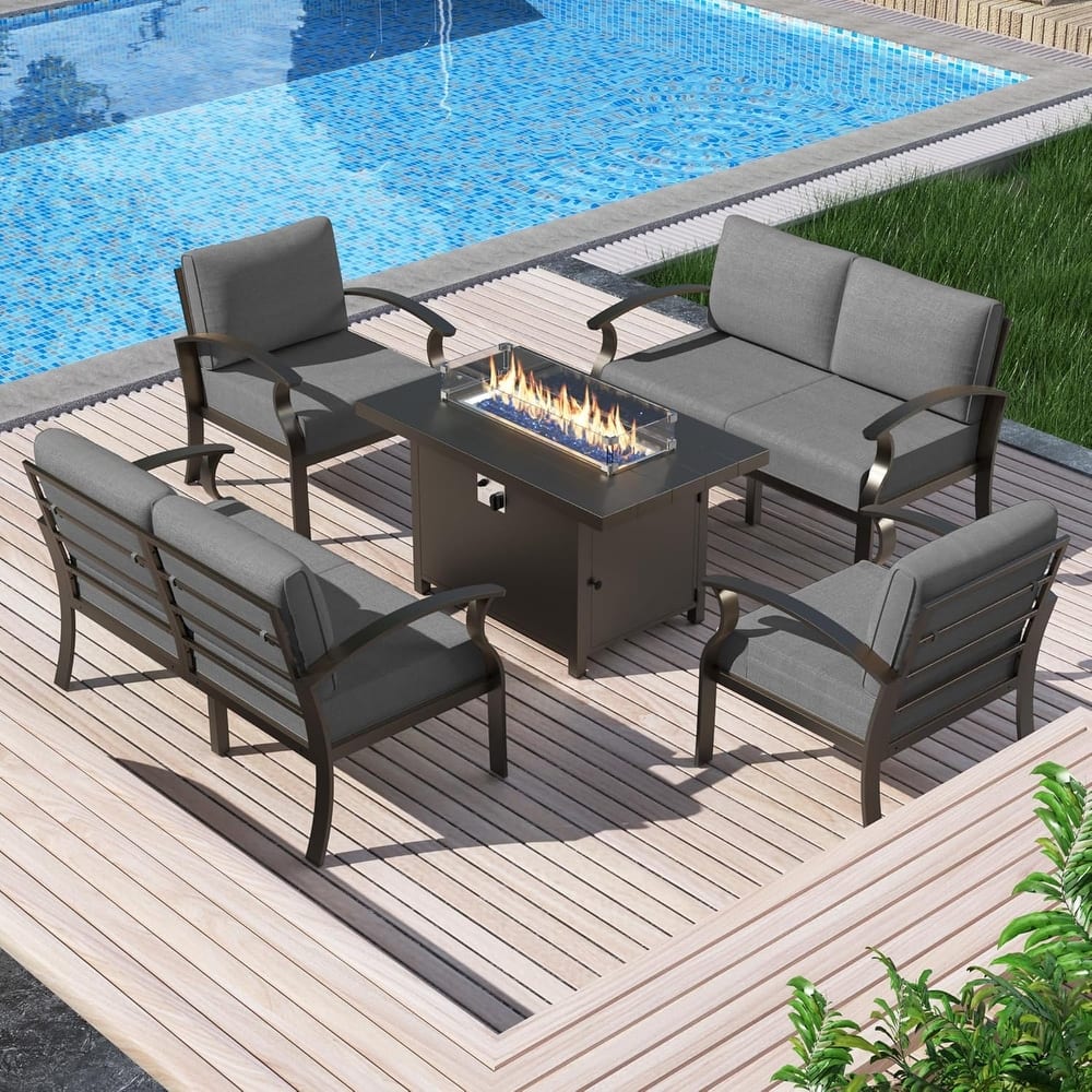Aluminum Patio Outdoor Sectional Sofa Set with Fire Pit, Swivel Rocking Chairs and Ottomans