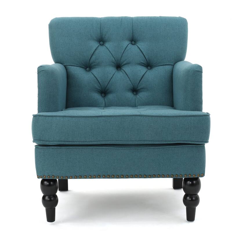 Teal Modern 28" Upholstered Button Tufted Club Chair with Rubber Wood Legs and Nailheads