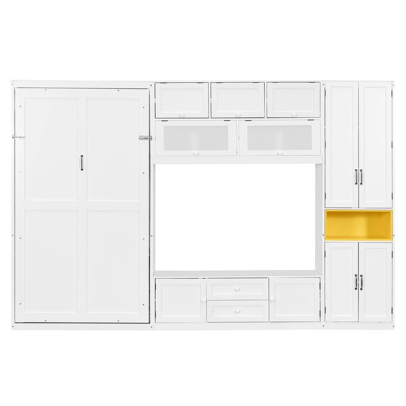 Versatile Twin Size Murphy Bed Folding Storage Bedframe with Built-in TV Stand, 2 Deep Drawers, Multiple Shelves and Cabinets