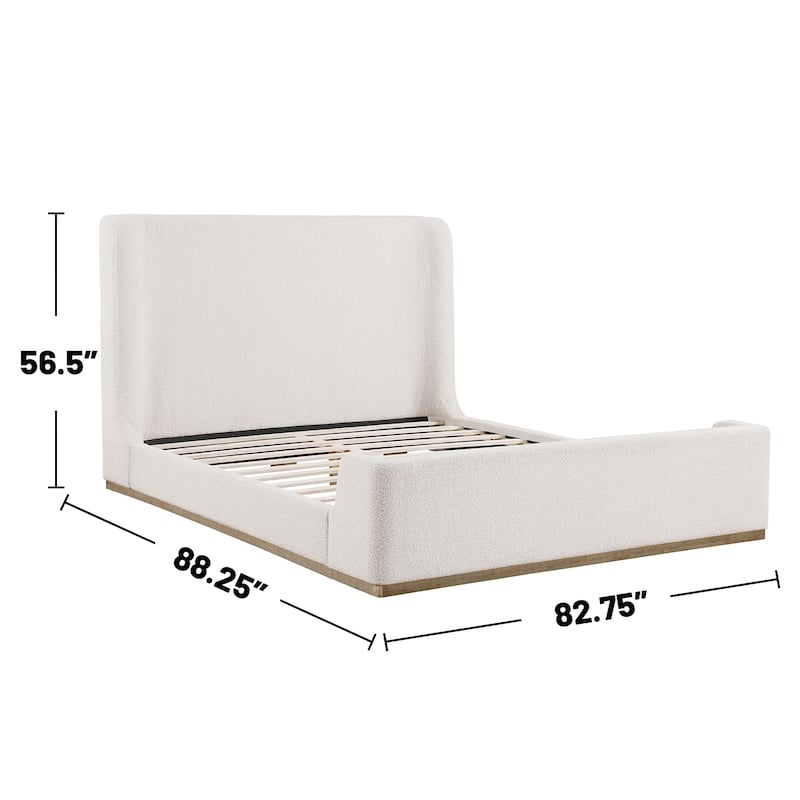 Upholstered Sleigh Bed with Wood Finish Trim in Cream