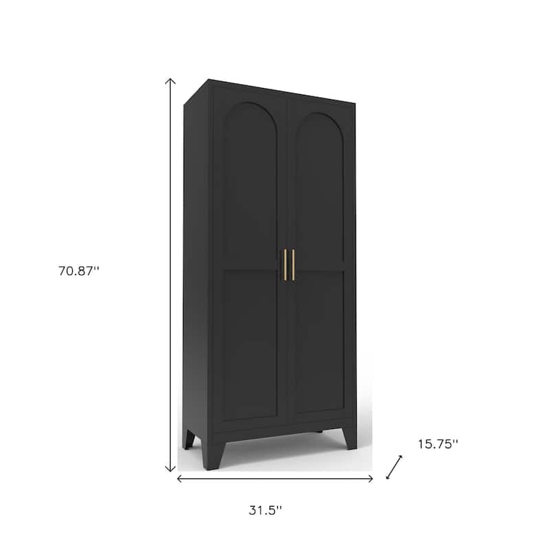 HomeRoots 71" Black Stainless Steel Pantry Or Storage Closet With Arched Panel Doors - 31.50 in. x 70.87 in. x 15.75 in.