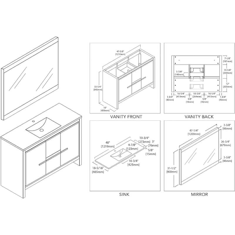 Blossom 48-Inch Bathroom Vanity Set with Ceramic Sink and Mirror Combo