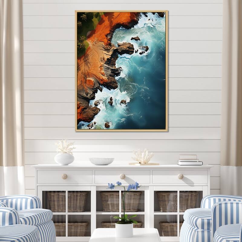 Designart "Rocky Beach Aerial View I" Coastal Beach White Wall Decor - Coastal Hallway Framed Wall Art Decor - 12 in. wide x 20 in. high - Brown