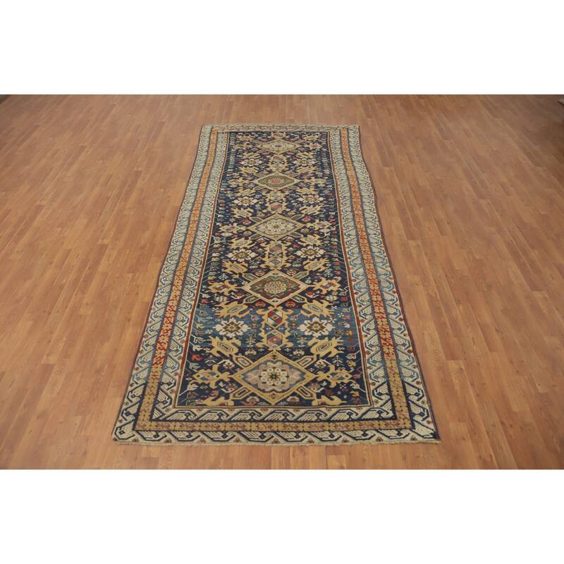Hand Knotted Oriental 100% Wool Carpet Traditional Geometric Navy Blue & Blues Kazak Area Rug - 10' 9'' X 4' 10''