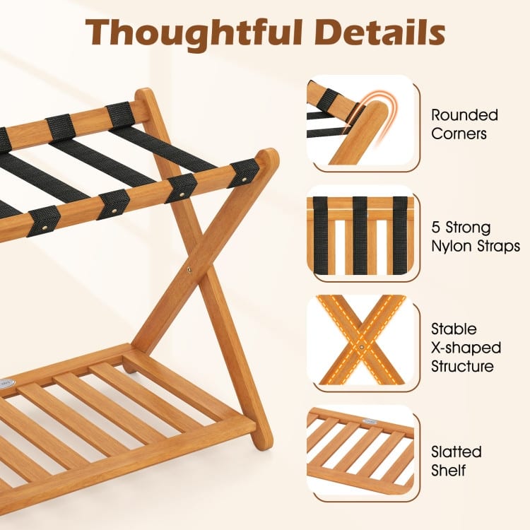 Set of 2 Oak Acacia Wood Folding 2-Tier Luggage Rack with Straps and Shelf - 27" x 16.5" x 23"