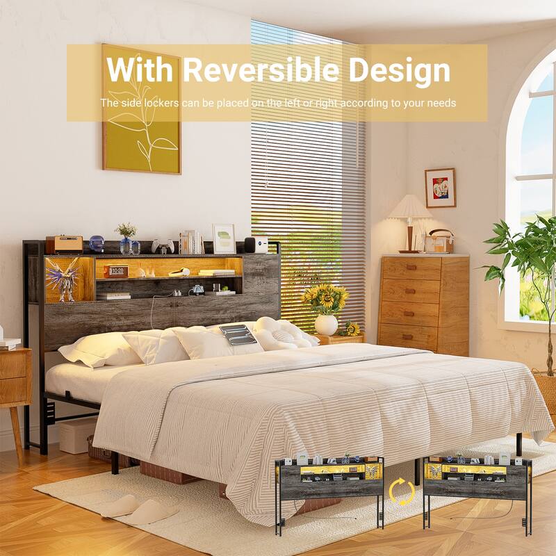 Storage Headboards with Power Outlet and LED Light, Head board with Storage Shelves for Bed Frame