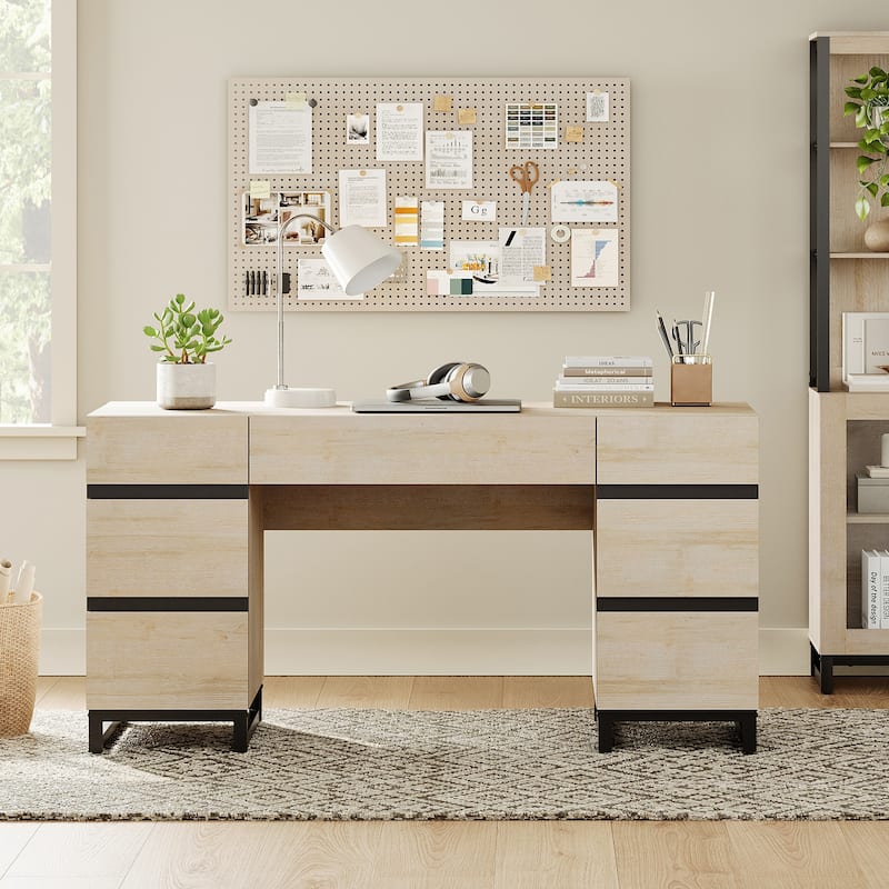 WAMPAT 59" Modern Executive Desk with Drawers & Charging Station, Wood Office Desk for Bedroom, Living Room, Home Office.