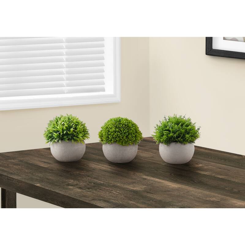 Artificial Plants Set of 3 - Indoor Faux Greenery Decor, 5" Tall Table Plants in Grey Pots, Decorative Green Plants - 5