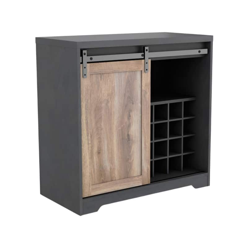HomeRoots 32" Charcoal And Natural Wood Barn Door Bar Cabinet