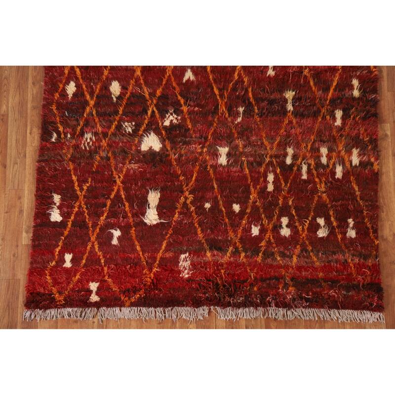 Hand Knotted Oriental 100% Wool Carpet Modern Geometric Red Moroccan Area Rug - 6' 4'' X 5' 0''