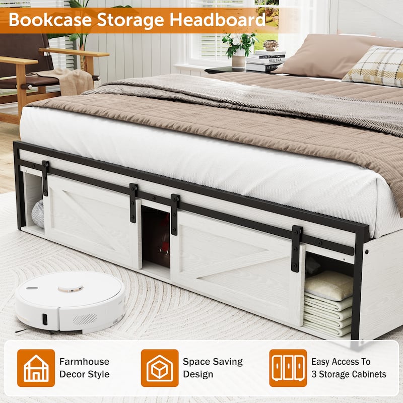 Farmhouse Full/Queen Bed Frame with Storage Headboard, Charging Station and RGB LED Lights, MDF and Steel Platform Bed