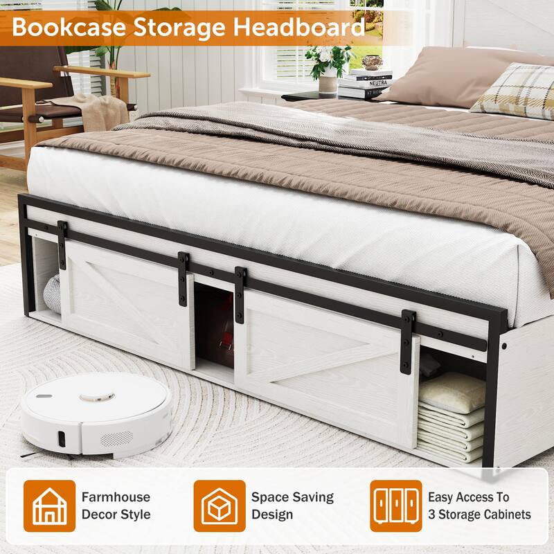 Queen Size Farmhouse Bed Frame with Storage, Charging Station, and RGB LED Lights