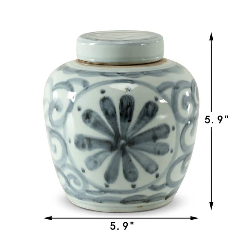 Approx.7 Inches Subtle Blue and White Round Jar with Floral Motif
