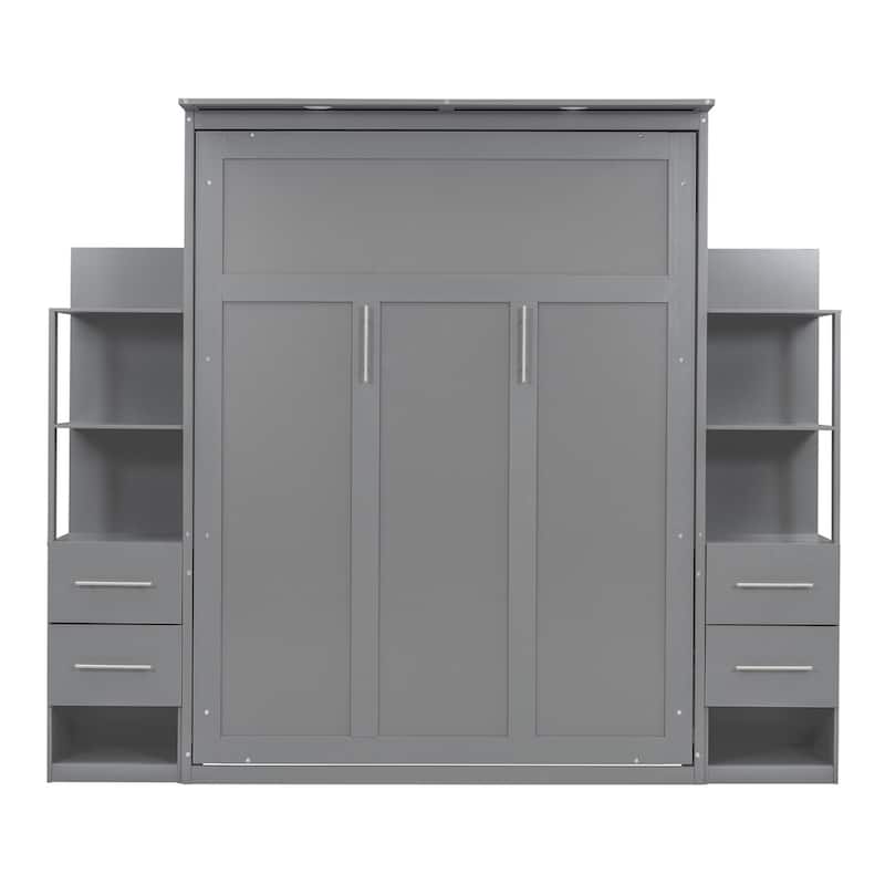 Merax Murphy Bed Wall Bed with Shelves, Drawers and LED Lights
