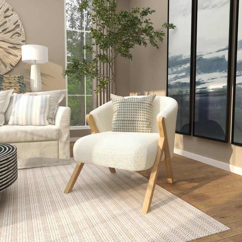 White Polyester Rounded Boucle Living Room Accent Chair with Angled Wooden Legs